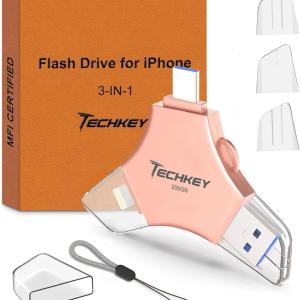USB 3.0 Flash Drive for iPhone 256GB: MFi Certified 3in1 External Memory Photo Keeper Storage Stick for Picture/Video/Data Saver/Backup High Speed Thumb/Jump/Hard Drive for iP/Android/PC -Pink