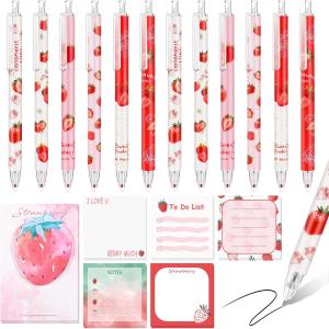 Sabary 18 Pcs Stationery Set, 12 Aesthetic Pens & 6 Sticky Notes, Christmas Gifts for Baby Shower Party, Cute Office School Supplies, Gifts for Women Students Nurses Teachers(Strawberry)