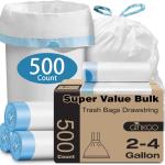 Small Trash Bags 2-4 Gallon, 500 Count Super Value Bulk Drawstring Garbage Bags, Mini Plastic Trash Bags for Bathroom, Office, Bedroom, Wastebasket Trash Can Liners