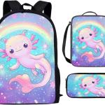 Showudesigns Galaxy Axolotl Backpack for School Aesthetic Kindergarten Elementary Middle School Bag with Lunch Box Pencil Case for Kids Rucksack Cute Animal Rainbow Star