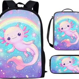 Showudesigns Galaxy Axolotl Backpack for School Aesthetic Kindergarten Elementary Middle School Bag with Lunch Box Pencil Case for Kids Rucksack Cute Animal Rainbow Star