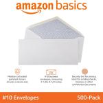 Basics #10 Security Tinted Business Gummed Envelopes, Moisture Sealed, 4-1/8 x 9-1/2 Inch, Pack of 500, One Size, White