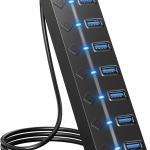 USB Hub 3.0, 7-Port USB Hub Splitter with Individual On/Off Switches and Lights, 3.2ft/1m Long Cable Compatible with MacBook, Laptop, Surface Pro, PS4, PC, Flash Drive, Mobile HDD