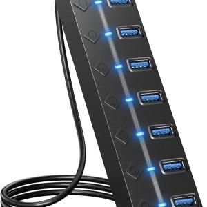 USB Hub 3.0, 7-Port USB Hub Splitter with Individual On/Off Switches and Lights, 3.2ft/1m Long Cable Compatible with MacBook, Laptop, Surface Pro, PS4, PC, Flash Drive, Mobile HDD