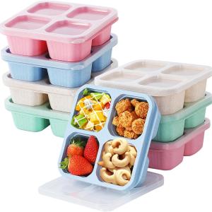 8 Pack Bento Snack Containers Set， 4 Compartment Food Storage Containers ，Wheat Straw Meal Prep Lunch Box ，Plastic Food Storage container, Microwave and Dishwasher Safe (8pack（4colour)