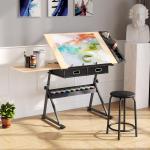 justable Height Drafting Table with Wood Top, Art Craft Desk with Slide-Out Drawers, Storage, for Drawing, Writing, Painting, and Creative Tasks, Ideal for Home Office, Natural