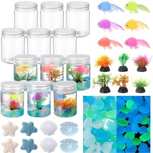 12 Set Fishbowl Craft Kit with Plastic Fish Bowl Floating Fake Goldfish Aquarium Plant Glow in The Dark Rock Seashell Mini Fish Tank Decoration Accessories for Party Supplies School Classroom