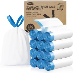 Small Trash Bags 4 Gallon, 360 Count -1.2 Mil Drawstring Mini Garbage Bags, White Plastic Trash Can Liners for Bathroom Accessories, 15 Liter, Bedroom, Dorm Room Essentials, Office