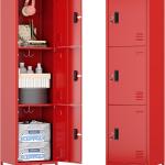 Metal Locker with Hooks and Ventilation Holes,Metal Storage Locker with Keys and Business Card Slot for Home,Gym,Garage,School,Office,66" H x 15.75" W x 15.75" D,Assembly Required,Red