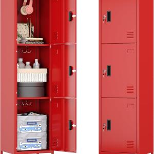 Metal Locker with Hooks and Ventilation Holes,Metal Storage Locker with Keys and Business Card Slot for Home,Gym,Garage,School,Office,66" H x 15.75" W x 15.75" D,Assembly Required,Red