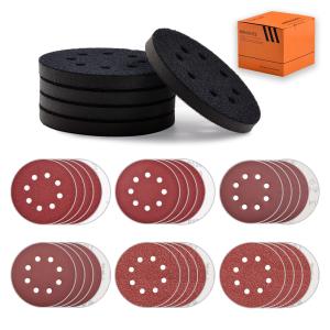 5 Pcs 5 inch 8 Holes Hook and Loop Backing Sponge P Soft Density Interface Ps Buffer Backing Cushion with 30 Pcs 5 inch Sanding Discs Include 100/150/180/240/320/400 Grit