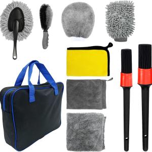 10PCS Car Wash Kit, Auto Cleaning Tool Set with Brushes, Microfiber Mitts & Towels, Vehicle Interior Exterior Detailing Supplies Kit for SUV Truck, Universal Car Accessories
