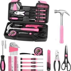 39 Piece All Purpose Basic Household Pink Tool Kit for Women - Small Tool Set with Toolbox Great for Home, Garage, Office and College Dormitory Use