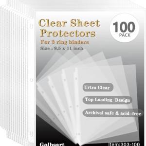 Sheet Protectors 8.5 x11 Inch, 100 Pack Page Protectors for 3 Ring Binder, Top Loing Plastic Sleeves with Reinforced 3-Hole Punch for Binders, Letter Size, for Documents and Photos, Office Supplies.