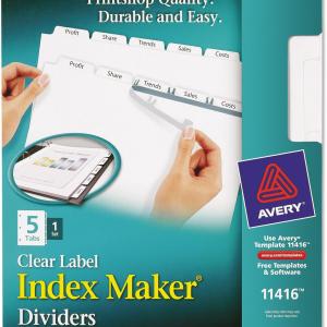 Avery 11416 Clear Label Index Maker Dividers, 8.5 x 11, White, 5 Tabs/Set