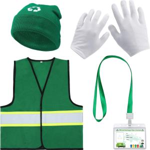 4 Pcs Garbage Truck Costume Accessories Waste Management Dress up Vest Hat Gloves ID Card for Halloween Party Garbage Day Dress up