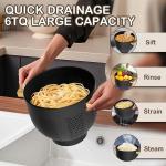 Colander for Kitchen, 6 QT Metal Colander with Wood Handle, Essentials Kitchen Ggets Strainers and Colanders Food Strainer Basket for Draining Pasta Strainer, Vegetable & Fruit, Black