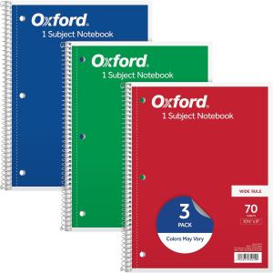 Oxford 1-Subject Notebooks, School Journal, 8 x 10-1/2 Inch, Wide Rule Paper, 70 Sheets, 3-Hole Punch, 3 Pack, Red, Blue, Green, Color Assortment May Vary (65029)