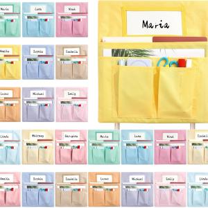 24 Pcs Chair Pockets for Classroom 13x14 inch Seat Sacks with Name Tag for Classroom Chairback Pocket Chart Multi Pockets K-2 Chairs Seat Back Organizer for Elementary School Home Supplies(Pastel)