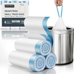 Drawstring 4 Gallon Trash Bag 51 Counts, Tear-Free & Leakproof Small Trash Bags, Unscented Small Garbage Bags, 15 Liter Mini Wastebasket can Liners for Bathroom Bedroom Office