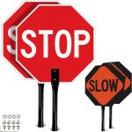 T&R (2 Pack) Large Stop Slow Sign with Handle, 18 x 18 Inches Double Sided Stop/Slow Traffic Sign, Rust Free Aluminum Reflective, Weather Resistant, Waterproof, Fe Resistant, Easy to Mount(Orange)