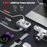 200W Car Power Inverter, FOVAL 12V DC to 110V AC Car Inverte with 4 USB Ports Car Outlet apter, Power Inverter for Vehicles, Car Plug apter Outlet for Laptop Computer Charger (Gray)