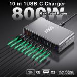 800W USB C Charger,GaN 10 Ports USB Charger,Multiple Plug Fast Charger Laptop Charger,PD Power apter Compatible with MacBook Pro/Air/Dell/iPhone/Galaxy/Laptop/Tablet/Mobile
