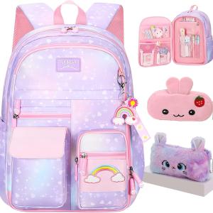 Rainbow Backpack For Girls Kids,Cute Student School Backpack With Pen Bag,Aesthetic Starry Rainbow Laptop Travel Bag