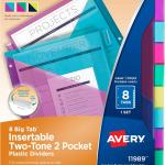 Avery Insertable Plastic Dividers for 3 Ring Binders, 8 Tabs per Set, Big Tabs, Two Pockets, Two-Tone Multicolor Binder Dividers, Works with Sheet Protectors (11989)