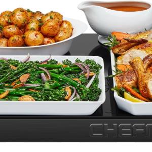 Chefman Electric Warming Tray with justable Temperature Control, Perfect For Buffets, Restaurants, Parties, Events, and Home Dinners, Large 21” x 16” Glass-Top Surface Keeps Food Hot – Black