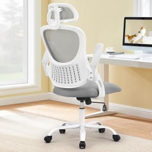 Sweetcrispy Home Office Desk Chair, Ergonomic High-Back Mesh Rolling Work Computer Chairs with Wheels and justable Herests, Comfortable Lumbar Support, Comfy Flip-up Arms for Bedroom, Study, Grey