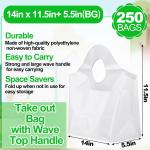 Marspark 250 Pcs Plastic Take out Bag with Wave Top Handle, 14" x 11.5" + 5.5" Reusable Unprinted Plastic Merchandise Bags with Handles Use for Shopping, Business, Carry out, Restaurant