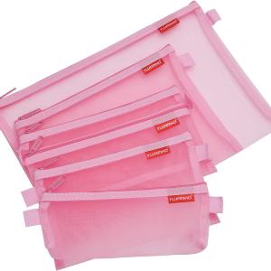 Pendancy Mesh Zipper Pouch 5pcs Lightweight Nylon File Folders Document Organizer Cosmetic Bags Accessories Storage for Travel and Office Supplies(Pink, A4 A5 A6)