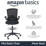 Basics Mid-Back Mesh Office Drafting Chair Stool with justable Footrest, Flip-Up Arms, Black