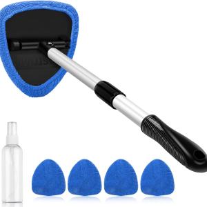 AstroAI Windshield Cleaner Tool, Car Interior Detailing Cleaning Kit with Extendable Handle and 4 Upgred High-Density Reusable Microfiber Ps, Auto Glass Wiper Brush Kit for Cars, Blue, 15.9in-21in