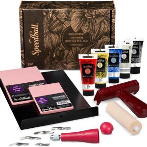 Speedball Deluxe Block Printing Kit - Includes Inks, Brayer, Bench Hook, Lino Handle and Cutters, Speedy-Carve Block, Mounted Linoleum Block (3472)
