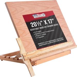 U.S. Art Supply Large 20-1/2" x 17" Wooden Drawing Board, justable Table Top Easel for Painting and Drawing - Drafting Board with T-Square, Pencil Ledge