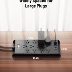 Surge Protector Power Strip 4800J, LeZone 10Ft Long Extension Cord Flat Plug, 12 Outlets 2 USB C 2 USB Ports, Wall Mountable, 20W Desk Charging Station, Black