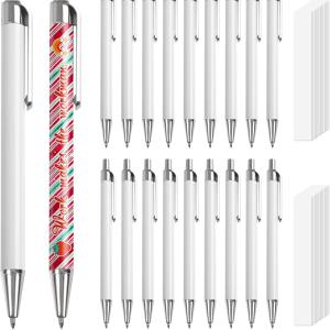 PYD Life 20 Pack Sublimation Pens Blanks White Aluminum Ballpoint Pens with Silver Clip and Come with 25 Pieces Shrink Wrap Films,DIY Personalized Pen for Office School Stationery Supplies