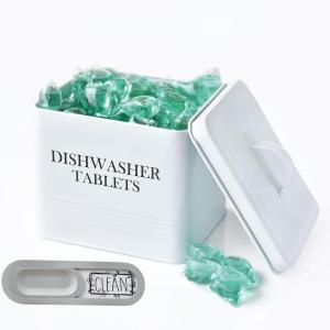 Farmhouse Dishwasher Pods Container with Lid – Metal Dishwasher Pod Holder for Kitchen Organization, Dish Pods Storage Box Holds Over 100 Pacs