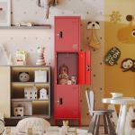 Metal Locker with Hooks and Ventilation Holes,Metal Storage Locker with Keys and Business Card Slot for Home,Gym,Garage,School,Office,66" H x 15.75" W x 15.75" D,Assembly Required,Red