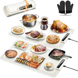 2-Pack Food Warming Mats for Countertop, Electric Roll-Up Silicone Heating Ps, 3 Temps, Timer & Child Lock, Foldable Warming Tray for Buffet, Kitchen, Travel & Gifts