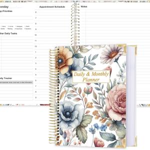Undated Daily Monthly Planner for 2026 or Anytime - A4 To Do List with Hourly Schedule, Hardcover Spiral Bound Daily Planner to Increase Focus, Stylish School/Office Supplies, 8.5" x 11", Flower
