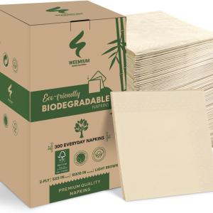Weemium Compostable Napkins Disposable - FSC Certified - Pack of 300, 2-Ply - 5 x 5 Inch Folded - Post-Consumer Recycled Materials - Biodegrable & Highly Absorbent Paper Napkins for Lunch & Dinner