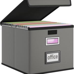 Huolewa Faux Leather File Organizer Box with Lid, Collapsible Hanging File Folder Box Organizer with Plastic Slides, Decorative Home/Office Filing System Boxes for File and Folders Storage