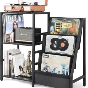 Bikoney Record Player Stand, Turntable Stand with 3-Tier Vinyl Record Storage, Record Player Table Up to 200 Albums, End Table for Records, Vinyl Record Holder