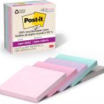 Post-it 100% Recycled Paper Super Sticky Notes, 2X The Sticking Power, 3x3 in, 5 Ps, 70 Sheets/P, Wanderlust Pastels Collection (654R-5SSNRP)