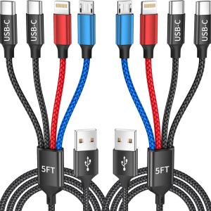 Dual Type-C 4 in 1 Multi Charging Cable for Multiple Devices with 2 USB-C/Lightning/Micro Port, USB Cable iPhone Charger Cord, Travel Charger for iPhone17-8, Android iP, Stocking Stuffers - 2Pcs 5FT
