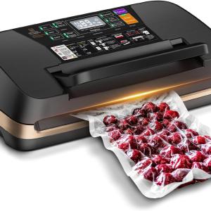 95kpa Vacuum Sealer Machine, Commercial Full Automatic Food Sealer, Food Vacuum Sealing Machine with Cutter, 10 Pre-cut Bags & Bag Rolls and Accessory Hose, Fully Starter Kits - Black Gold