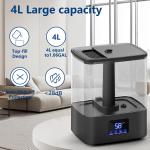KZF Top Fill Humidifiers for Bedroom & 60H Runtime - Cool Mist Humidifier, 3 Mist Levels, 8H Timer, Essential Oil Tray, Humidity Display, Quiet for Bedroom, Baby, Plants, Large Room (Black, 4L)